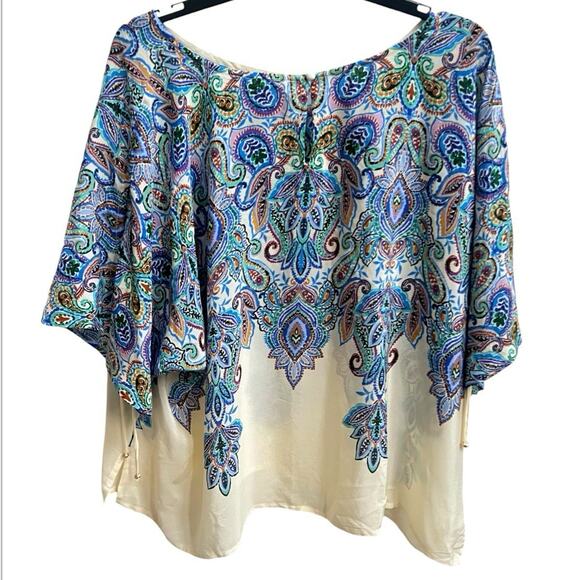 JOHNNY WAS NEW Sz 1X Ruched Sleeve Blouse Ruta Print Top Boho Silk Paisley - Picture 2 of 10